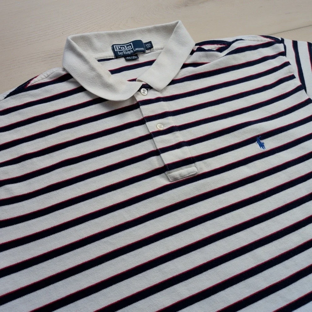 Polo Ralph Lauren Polo Shirt Mens 2XB Blue White Striped Short Sleeve Blue Pony